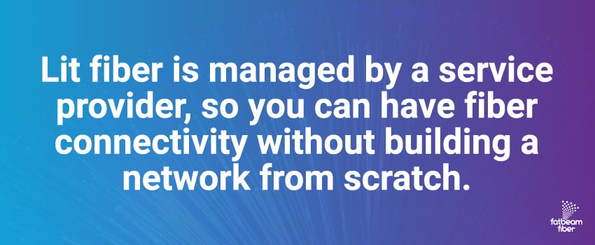 Lit fiber is managed by a service provider, so you can have fiber connectivity without building a network from scratch.