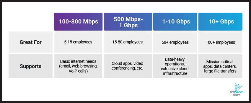 A chart comparing typical fiber internet speeds for different sized businesses.