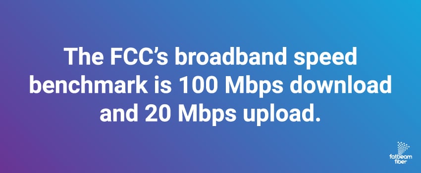 The FCC’s broadband speed benchmark is 100 Mbps download and 20 Mbps upload.